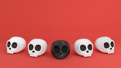 White and black skulls on red background. Halloween design. 3D rendering.