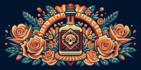 Mexican tequila bottle and roses for Mexico festive for festival dia de los muertos or Cinco de mayo. Decorative perfume bottle surrounded by stylized roses and foliage - obrazy, fototapety, plakaty
