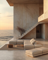 Minimalist living room interior with beige sofa and ocean view in 3d rendering