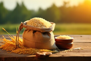 Sack of rice on rustic wooden table, perfect for food and agriculture concepts