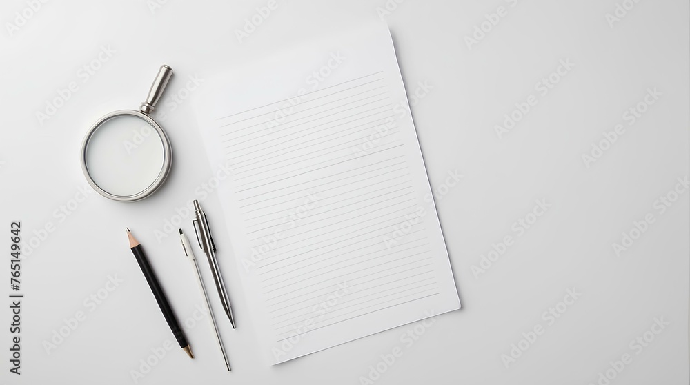 Poster blank notebook and pen with lens on white background with copy space, space for text and design