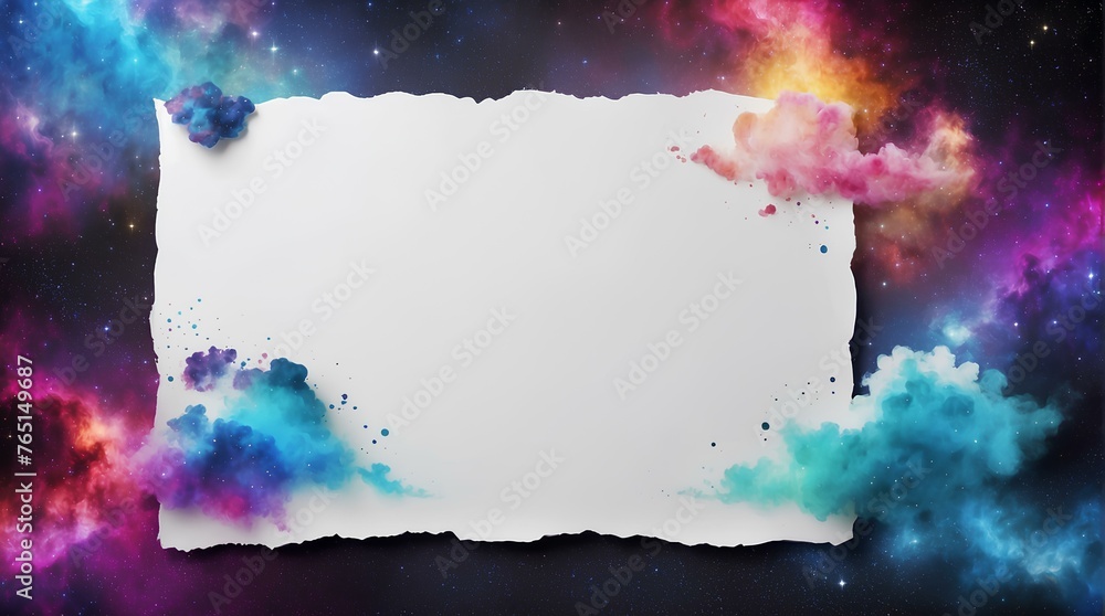 Poster blank paper with colorful clouds on galaxy background with copy space, space for text and design
