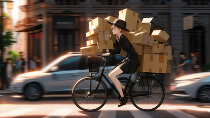 an anime-style girl rides through the city on a bicycle loaded with a high stack of packages