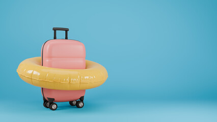 Pink travel suitcase with yellow swim ring on it. Vacation concept design. 3D rendered background.