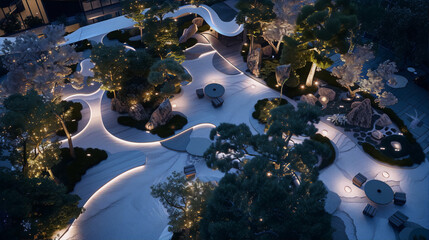 A photo of a rooftop garden with a curved path, stone lanterns, and trees at night in the style of Japanese Zen gardens.