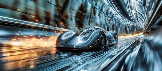 a futuristic silver sports car drives through a tunnel