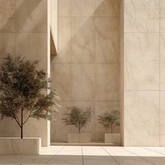 beige marble interior space with trees in planters against the walls in minimal contemporary style
