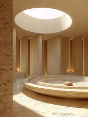 Minimalist interior space with a large oculus, water basin, and stone sculpture rendered in a 3D architectural visualization