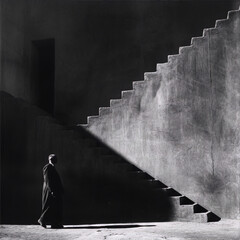 Black and white photo of a man in a long coat walking up a flight of stairs with a bright light at the top in an art deco style