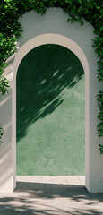 An image of a green archway with plants growing on it in a 3D rendering style with a focus on the archway and plants and a minimal