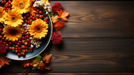 Festive wooden table copy space background with Autumn Spices and Oak Leaves