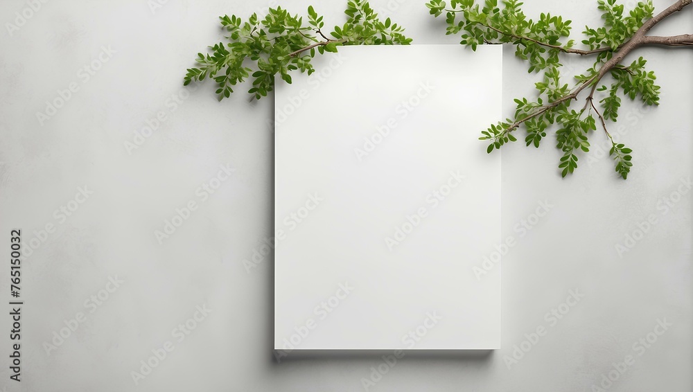 Poster blank notebook and branche of tree on white background with copy space, space for text and design