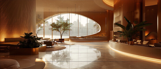 Luxury hotel lobby interior with large windows, plants, and a curved marble reception desk in a modern minimalist style with warm 