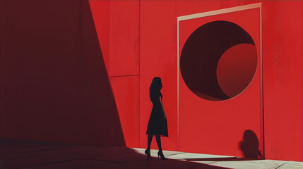 Silhouette of a woman in a red minimalist setting, symbolizing mystery, choice, and the unknown. 

