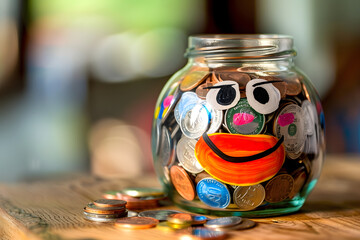 A child's piggy bank. A transparent glass jar filled to the brim with coins - obrazy, fototapety, plakaty