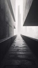 A black and white image in the style of architectural photography of a long concrete walkway between two tall buildings with a fog