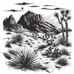 a black and white drawing of a desert landscape