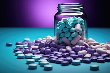 Glass jar filled with purple and blue pills