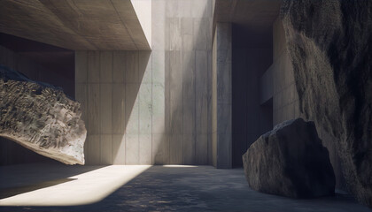 Digital art of a concrete room with large rocks floating in mid air