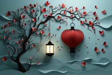 A red lantern hanging from a tree next to another red lantern