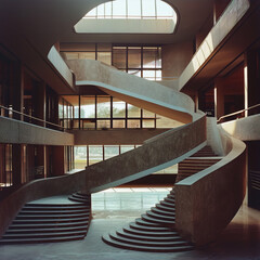 An image of a spiral staircase in a Brutalist style building with a large atrium featuring a curved staircase and concrete walls w