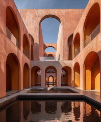 The image is of an interior courtyard with a pool, featuring a minimalist and geometric design with arches and a pastel color pale