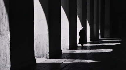 Solitary figure stands in stark contrast against a backdrop of architectural columns and dramatic light and shadow. 
