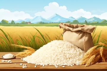 A bag of rice next to a pile of grains, suitable for food and agriculture concepts