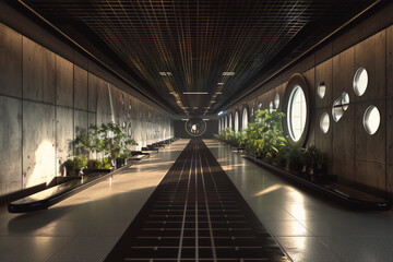 Futuristic interior of spaceship with plants and large round windows in the corridor lit by bright sunlight