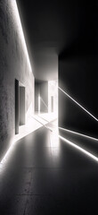 Black and white interior of futuristic empty sci-fi corridor with glowing light lines in the walls and ceiling in the style of 3d 