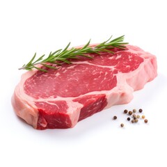 Fresh Raw Beef Steak with Rosemary and Peppercorns on White Background - Top View for Delicious Grill or Barbecue Recipe