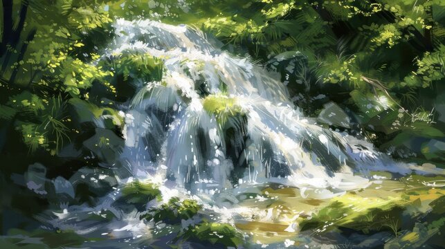 a digital painting of a waterfall surrounded by trees and greenery in a wooded area with sunlight coming through the leaves.