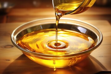 A bowl of oil being poured into another bowl