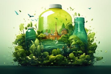 Bottle of liquid with city skyline, suitable for urban themes