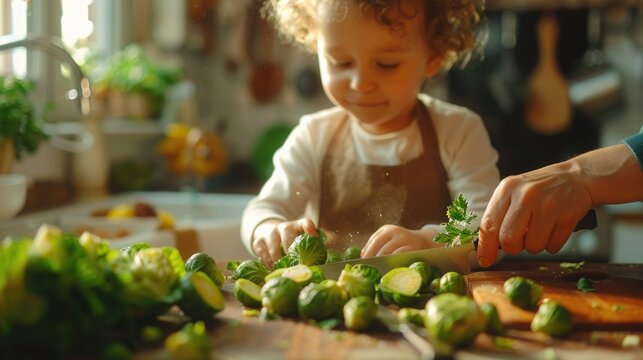 A child's first cooking experience, with a kid safely cutting Brussels sprouts under the guidance of a parent in a bright, family-friendly kitchen, promoting healthy eating habits from a young age