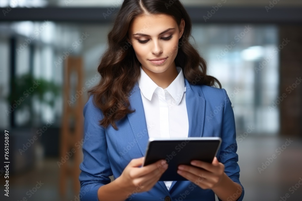 Wall mural a woman in a blue suit looking at a tablet