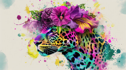 a painting of a leopard with flowers on it's head and a splash of paint on it's body.