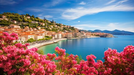 French reviera, view of stunning picturesque coastal town with flowers - obrazy, fototapety, plakaty
