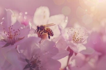 Bee pollinating a delicate cherry blossom flower on a sunny spring day in full bloom with a shallow depth of field and a warm inviting atmosphere