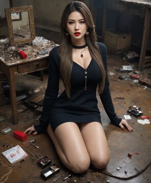 a woman in a black dress and stockings posing for a picture  in a abandoned building 