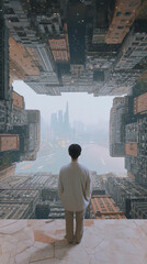 A lone figure contemplates the urban landscape, a surreal cityscape reflected in a mirrored sky, evoking a sense of wonder and introspection. 
