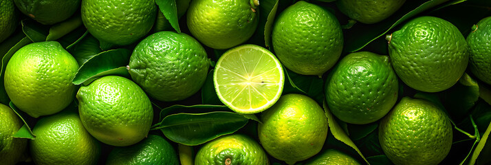 Background with citrus. Limes. Copy space. Place for text. Juiced, fresh, bright. Social media post, banner, header, cover, flyer, brochure, invitation, greeting or bussiness card. Generative Ai conte