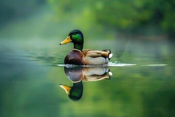 Beautiful duck swimming gracefully in the calm water of the park pond, with a blurred background of lush greenery. Peaceful and serene scene.