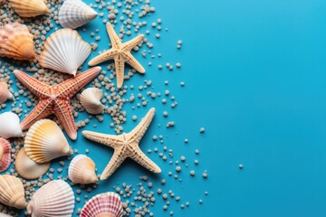 Fototapeta na wymiar Colorful starfish and shells on a vibrant blue background