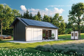 Obraz premium Eco-friendly house with solar panels, 3D rendering of small modern home surrounded by garden under blue sky. Green living concept.