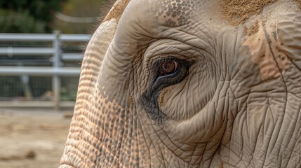 Fototapeta premium a close up of an elephant's eye with a fence in the back ground and trees in the background.