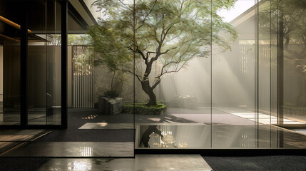 A photo of a modern house with a large tree in the center, with a minimalist style and a focus on natural light and materials, wit - obrazy, fototapety, plakaty