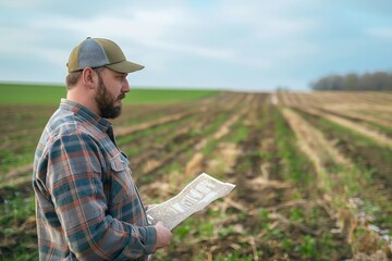 Thoughtful farmer in plaid shirt and cap pondering future of crops in vast field, challenges of modern farming on horizon