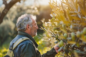 Thoughtful mature male farmer carefully examining the bountiful harvest of olive trees in a sunlit and serene orchard setting