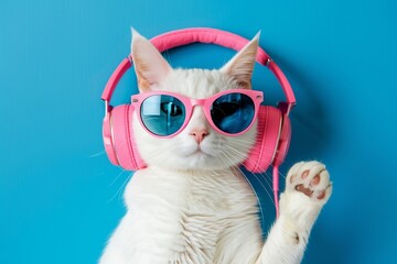 A Cool white cat wearing pink headphones and sunglasses